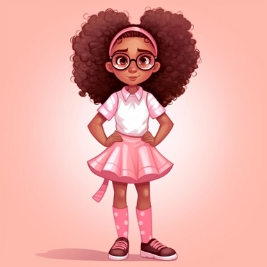 a cartoon confident 10 year old girl with beautiful curly afro hair in two ponytails, melanin skin tone, glasses and a pink dress with white socks and black shoes, in the style of afro-carribean influence, realistic color palette, studio portrait, bold cu