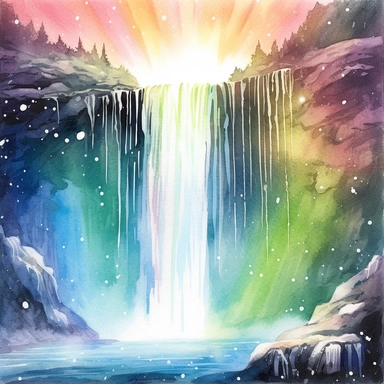 stunning holographic waterfall using a watercolor clipart style that captures the essence of a dream vacation. The lighting should be natural, and the colors should be vibrant and eye-popping, inviting the viewer to dive in. The theme is relaxation, so the scene should convey a sense of calmness and serenity. Make sure that the watercolor art style does not cause confusion with the actual water in the scene, the water is allowed to be holographic. Focus on the best view and create an immersive e