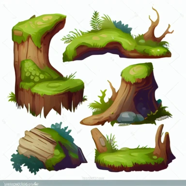 Logs, stumps in moss. Cartoon tree in lichen in swamp jungle. Broken oak in tropical damp forest. Set isolated vector element on white background, Watercolor clipart, details