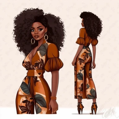 stunningly beautiful full body afican american woman clipart with voluminous curly hair wearing a fashion nova outfit??, fashionable, isolated design, clipart image inspired by Hui Mu