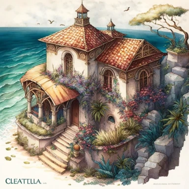 A rich color watercolored pencil painting of a seaside Mediterranean home in the style of Octopath Traveler, clean lines, intricate details, realistic, clipart, white background, png,