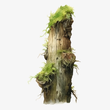 realistic bark sculpture cover in moss clipart watercolor
