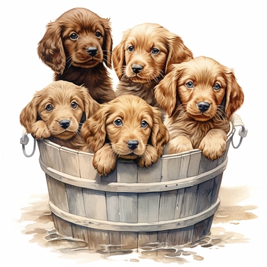 Clipart, a watercolor painting of a group of puppy's by Dorothy Hood, shutterstock contest winner, american scene painting, detailed painting, watercolor, white background, behance hd, detailed painting