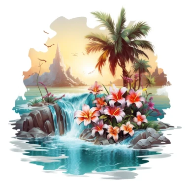 artwork majestic palm tree in digital painting style, beautiful flowers, sunrise mountain and clouds, big sea waves, water splashes, water splashes, white background, colorful fantasy flower surround, highly detailed clean, vector image, photorealistic master piece, professional photography, realistic, flat white background, isometric, vibrant vector, clipart, illustration, realism, 4k, cinematic, front view, white background