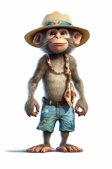 A standing happy monkey wearing a straw hat, wearing a shirt, wearing a short, beach style, clipart, hyper detailed, photo realistic, high resolution, realistic, 8K