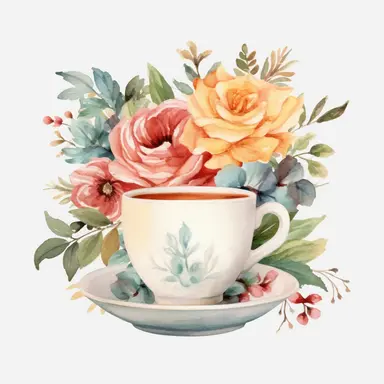 pastel watercolor clipart, antique coffee cup, hot coffee light academia aesthetic, light aesthetic, light colored flowers detailed, UHD, 8K, 3D, solid white background