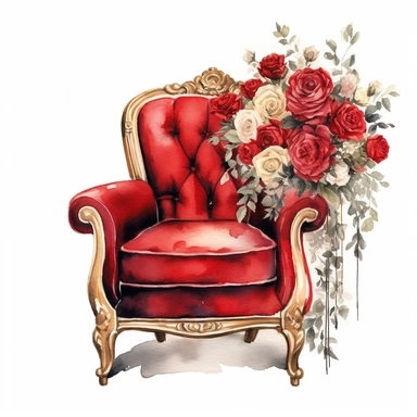 watercolor, white background, clipart, watercolor, white background, ultra-realistic and hyper-detailed clipart beautiful cozy armchair surrounded by red roses, red and rich gold hues
