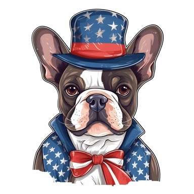 sticker, background american flag, french bulldog, full body, in style Independence Day in usa, hat with an american flag, clipart