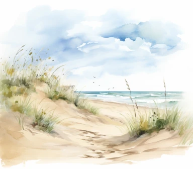 watercolor of the beach and dune clipart, in the style of nature-inspired imagery, hand-drawn animation, uhd image, bec winnel, lush and detailed, layered composition, jacek malczewski, white background