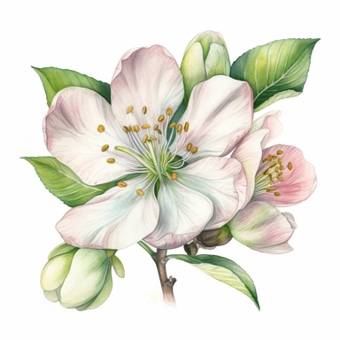 Watercolored pencil style illustration, boho style apple blossom, pink green white silver, isolated on a white background, PNG file clipart style, Dennis Wojtkiewicz, Amanda Clark, Lowell Herrero,
