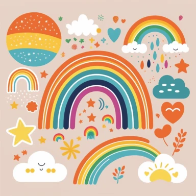simple vector drawing of a rainbow, clipart, basic shapes, solid colors, joyful, doodle, sticker design, lineart, 2d flat file, silhouette, svg cut file