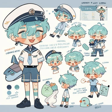 character sheet,knoling,clipart,belongings catalog, cute chibi character, long pale blue-green hair, long bangs, blue-green eyes, flat chest, beautiful young boy, sailor, blue shorts, dark blue socks, whale, cream soda, sandwich