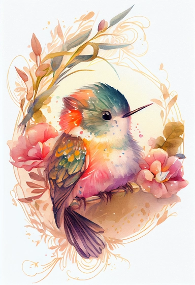 watercolor baby humming bird clipart, full body, chibi, Nursery Art, Nursery Decor, dreamy eyes, magical, high rendering, central focus, scenic background, intricate details, kawaii chibi, by Ross Tran, retro,pink light golden, Cinematic feel, tiger, Tropical,floral, colourfull,