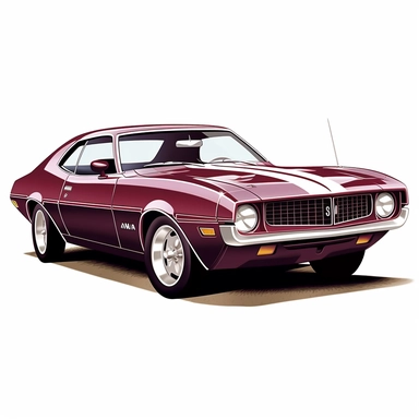 in clipart style, vector image, A meticulously crafted illustration of a 1971 Plum AMC Javelin AMX , highlighting its iconic design and graceful contours, placed against pure white background (style: evoking the accuracy and refinement of classic automobile blueprints) (lighting: deliberate, directional lighting, casting gentle highlights and shadows on the car's structure) (colors: an elegant palette for the car's body set against a pristine, white backdrop) (composition: captured from a side v