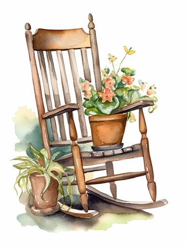 watercolor, vintage, country, wood rocking chair with beautifully carved arm rests and flower pots next to it on the ground, on white background, clip art