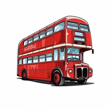 A classic double-decker bus clipart against a white background. The illustration showcases an iconic double-decker bus with a vintage design and historic appeal. The bus features a bold red color, distinctive windows, and a charming British aesthetic. The white background adds a modern touch, creating a clean and contemporary look. The lighting is soft and even, highlighting the bus's features and vintage allure. The atmosphere exudes a sense of nostalgia and urban charm.