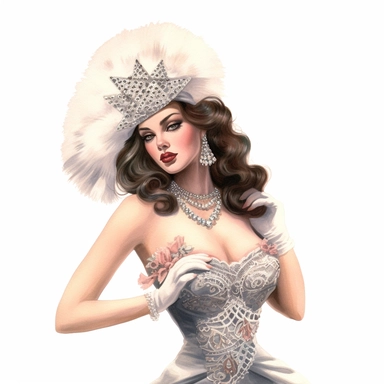 beautiful stunning pretty vintage burlesque girl, elegant corsets and jewles, paint art style, clipart, white background, superrealistic, one of a kind