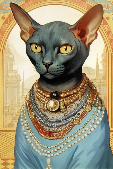 Vintage 1920 Sphynx Cat wearing an elegant necklace encrusted with shimmering crystals and a matching bracelet Illustration , Chromolithograph, Die Cut, 1920s Illustration, Vintage, Chromolithograph, Colorful, Antique, Ephemera, Clipart, 8k, Isolated on white