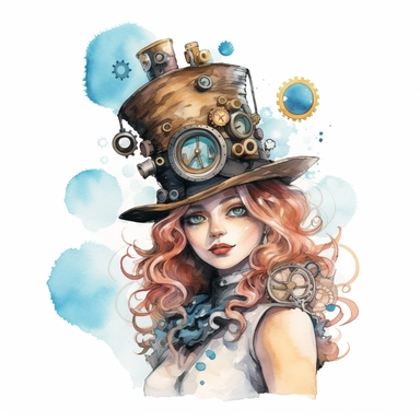 An alice in wonderland character , watercolor steampunk style, white background, clipart