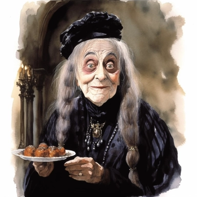 charming Grandmama from the movie The Addams Family by Barry Sonnenfeld, watercolor by mary whyte, romantism, clear line, white solid background, clipart, gothic