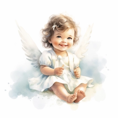enchanting watercolor image, full body adorable newborn baby angel girl on white background, she is sitting on a cloud in pastel color dress and smiling gently. She has sparkling eyes twinkled with wonder and brown hair, professional watercolor clipart, high resolution