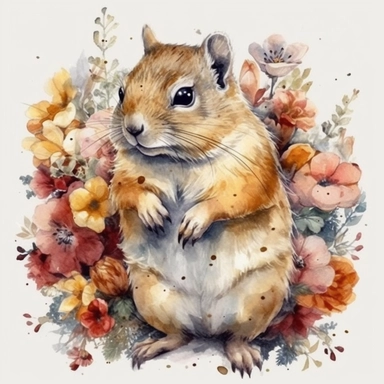clipart de ardilla con flores, acuarela, 16k, hiper minimalista, megapixel, full color, super detailed, realistic watercolor paintings, in the style of 32k uhd, realistic animal portraits, precise draftsmanship, high quality