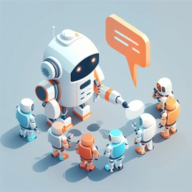Friendly robot talking to the group of people. Isometric, clipart, schematic, magento and white colours, professional, business graphics, highly detailed.
