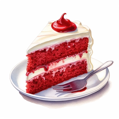 watercolor, hyper realistic, white background, white margins, 16k, ultra detailed clipart, cut out image, hand-drawn a slice of red velvet cake with cream cheese frosting, showcasing its distinctive rich red color children's book illustrations, soft watercolours, pictorial fabrics, light color