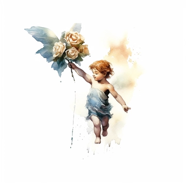 cherub flying, having a flower in his hand,watercolor painting by Thomas W. Schaller, clipart, white background
