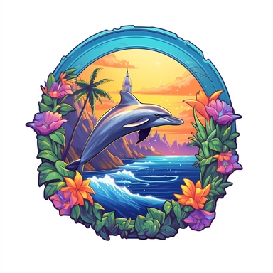 dolphin, close up, a sticker, artwork of t shirt graphic of majestic forest, in digital painting style , beautiful flowers, sunset mountains and clouds , big vines, stone temple covered in vines, white background, colorful fantasy flower sorround , highly detailed clean, vector image, photorealistic masterpiece, professional photography, realistic, flat white background, isometric, vibrant vector, clipart, illustration, realism, 4k, , cinematic, front view, white background, paradise, extremely 
