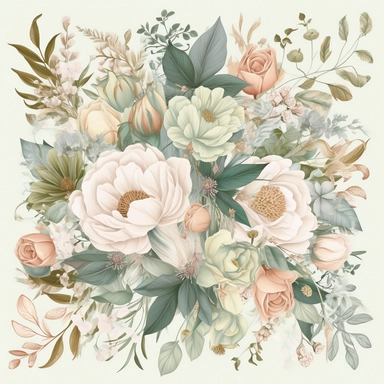detailed floral clipart featuring an assortment of soft pastel flowers and soft green foliage arranged in an elegant bouquet, wedding style, on a white background, the composition should highlight the delicate petals, intricate patterns, and unique shapes of the individual flowers. Capture the essence of a flourishing garden with a harmonious blend of colors and a variety of floral elements, including roses, tulips, daisies, and wildflowers. Present the clipart on a transparent background, allow