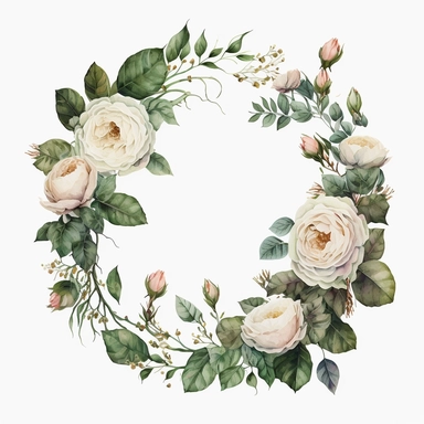 realistic hand painted watercolor of a wreath of david austin english white roses, clean white background, clipart