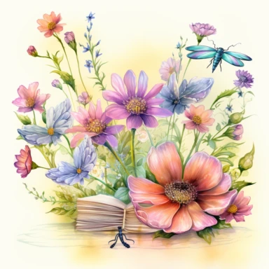 artwork in the style of cicely mary barker, clipart, whimsical watercolour illustration of a cute dragonfly and flowers, very colourful, watercolor clipart, book cover illustration, hyper HD