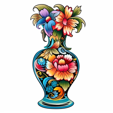 Clipart : Imagine a tall, elegant vase with a slender neck and a slightly flared base. The neck should be gracefully curved, while the base can have intricate patterns or motifs. Add subtle decorative elements to the vase, such as embossed textures, delicate engravings. These could be floral patterns. Picture a lush bouquet of colorful flowers arranged within the vase. Choose a variety of flowers with different shapes and sizes to create an interesting composition. Include flowers like roses, da