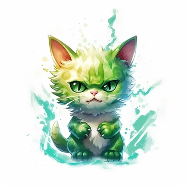 watercolor of cute electrical god cat, Green lightning strikes, vector free clipart illustration, in the style of unreal engine 5, 32k uhd, detailed features, white background