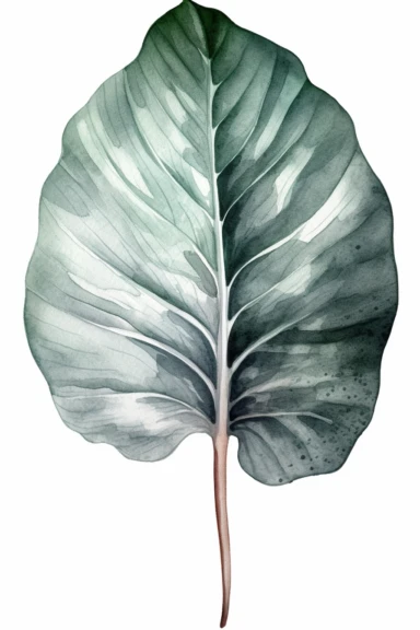 watercolor clipart illustration of a Philodendron gloriosum leaf green and grey, in the style of meticulous design, minimalistic serenity, light turquoise and dark white, oil paintings, dark green and light crimson, naturalistic poses, imitated material