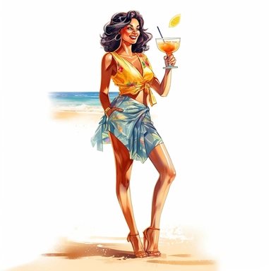 happy woman drinks cocktail on beach, full body, watercolor illustration isolated on white background with margins, Hyperrealistic with high details, art decals, clipart, distinct lineart, illustrated album, hyper quality, 32K, unreal engine,
