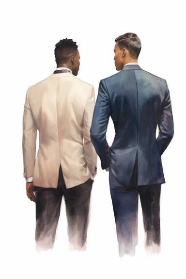 a dark-skinned groom and dark-skinned best man from the back view, in the style of realistic portrait drawings, subtle color variations, algeapunk, transparent/translucent medium, light navy black and white colors, watercolor storybook illustration, rustic style, hd clipart, on white background, spaced out