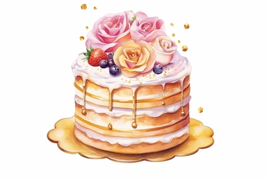 opulent watercolor frosted birthday cake with sprinkles clip art with white background