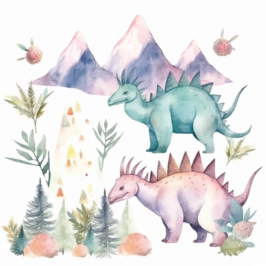 friendly, fluffy watercolor dinosaurs clipart, pastel colors, in the mountains, forest, separated, seamless, transparent background--AR 3:2