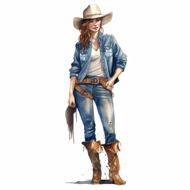 clipart, watercolor, women standing one hand on hip, looking straight at camera , hair braided over one shoulder, she is wearing blue jeans with brown motorcycle leather chaps, cowgirl hat and boots, white background