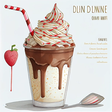 a delicious chocolate ice cream float In fancy milkshake ?with two striped straws, whipped cream, sprinkles, ?detailed watercolor illustration, ??valentines ? day romantic high detailed photorealistic watercolor ? and ink clipart on a white background anime detailed texture