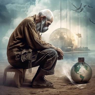 arther adams style, artistic stylish vector cutout border, old skinny decrepit man on his knees with his head hung low wearing old torn and tattered clothing, glass globe with a plant inside and a hose leading to a gasmask on the mans face, realism, realistic, apocolyptic theme, clipart, HD, 4k