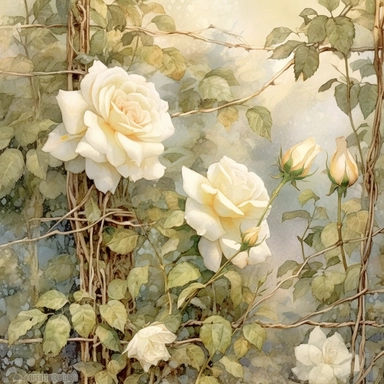 white roses climbing on a trellis, muted grasses at the bottom, clipart, page border style, soft and hazy watercolor, white background, vintage--q2