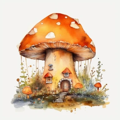 orange pixie mushroom house in forrest, watercolour clipart