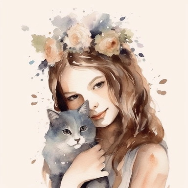 watercolour clipart of a girl the delicate and determined soul, has a deep affection for cats. She meticulously crafts digital designer papers and breathes life into digital journaling pages. Her finesse and devotion to her work are truly extraordinary. Her art is a testament to her unwavering pursuit of beauty and excellence, make her smiling, exalted mood, white background, 8k, f1