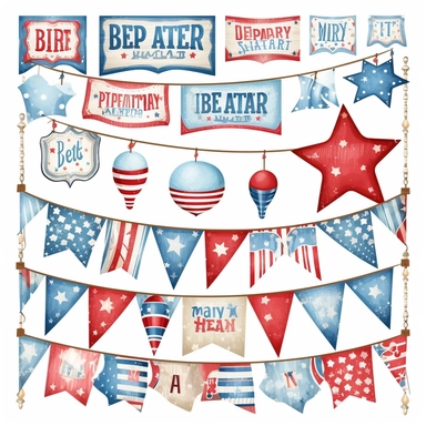 Party Banners and Signs: Design clipart featuring decorative banners or signs with phrases like Party Time, Let's Celebrate, or Happy Birthday. Incorporate vibrant colors, patterns, and festive typography to create eye-catching designs.patriotic pattern, stars and stripes, red white and blue, delicate detail, watercolor, in the style of artgerm, 2d game art, quadratura, clipart, on white background,