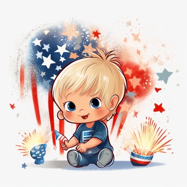 Super cute, American flag with happy toddler army Sublimation Clipart, Cartoon funny, Cute anime, Very detailed, firework background