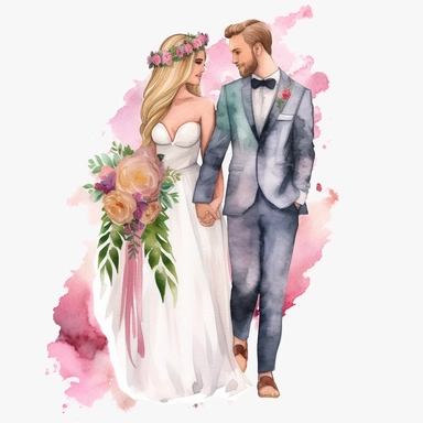 realistic just married couple watercolor clipart single design, 8k