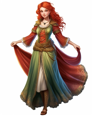 a beautiful elf maiden with red hair, spring clothes, clipart illustration, crisp clear colors, photorealistic, happy, beautiful,cute, ultra detailed, on white background--no cut off
